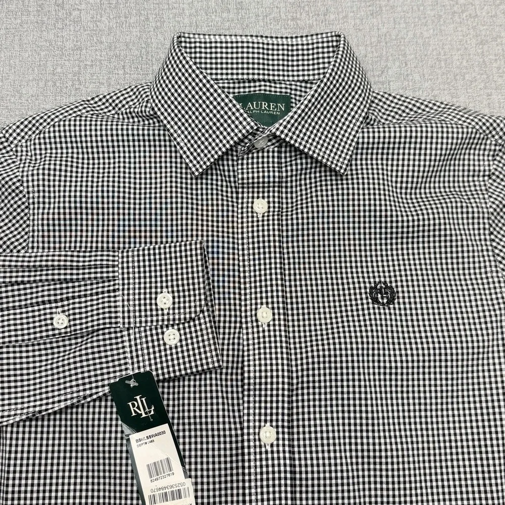 NWT Lauren Ralph Lauren Boys 14 Gingham Button Down Dress Shirt Black White LS
